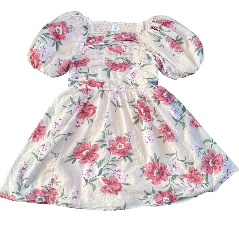 Abercrombie Kids Floral Puff Sleeve Smocked Mini Dress Pink Peach Size 13/14